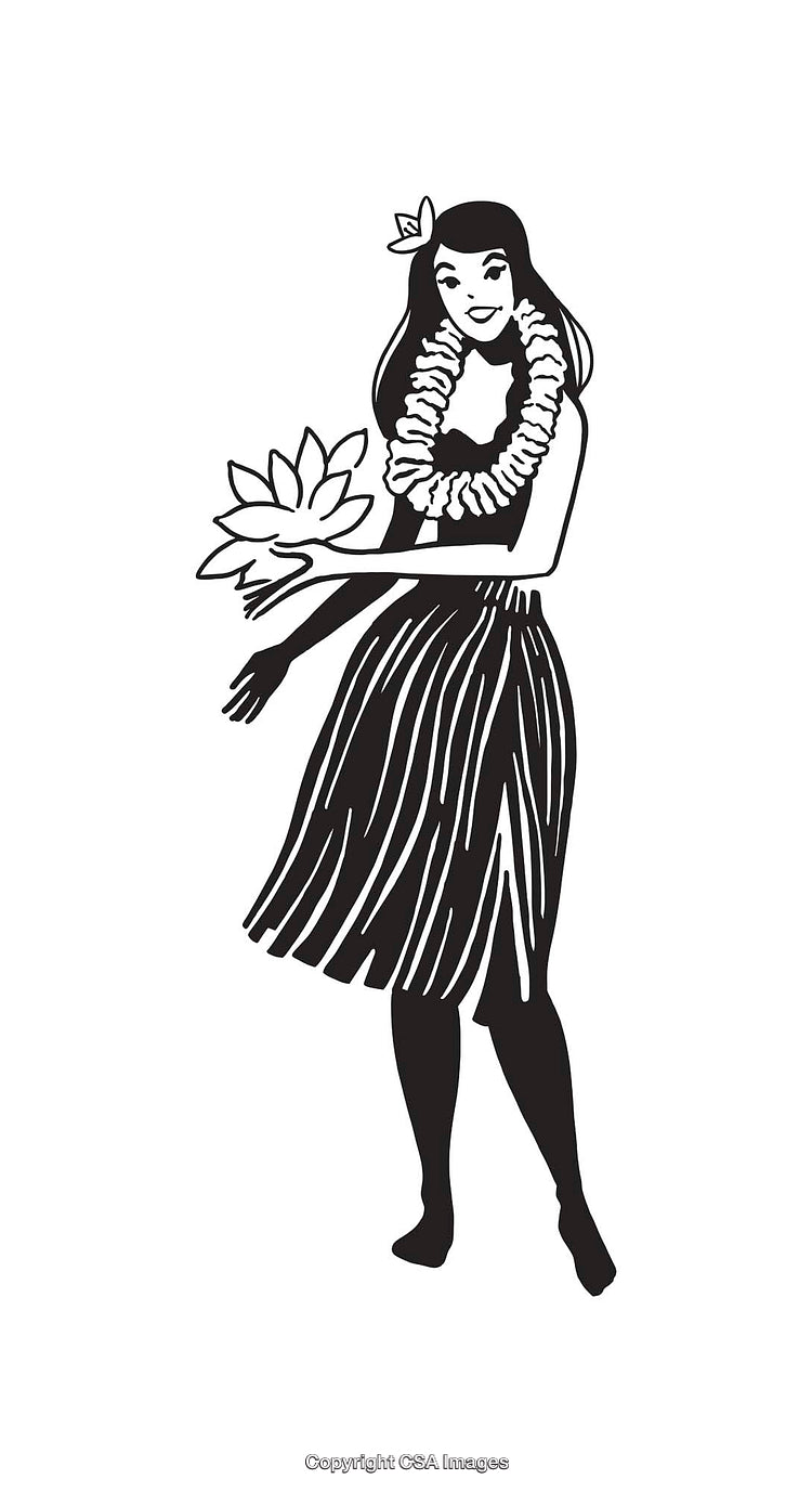 Black And White Illustration of a Hula Dancer in Traditional Attire