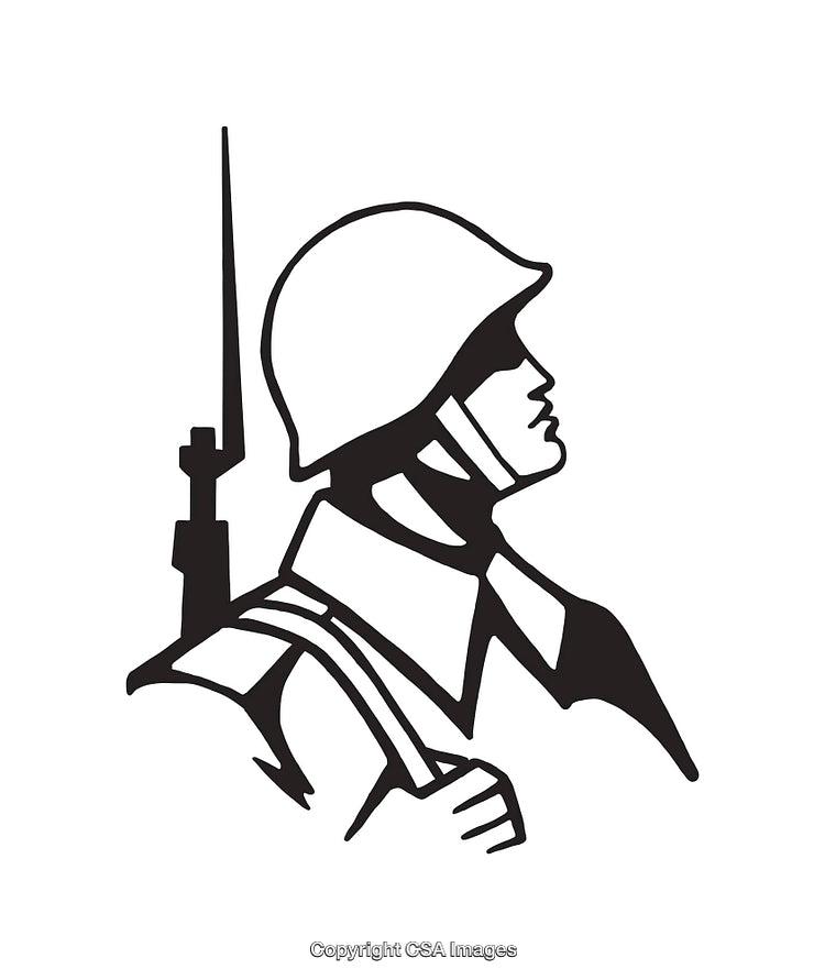Black and White Line Art of Soldier in Profile with Helmet and Weapon