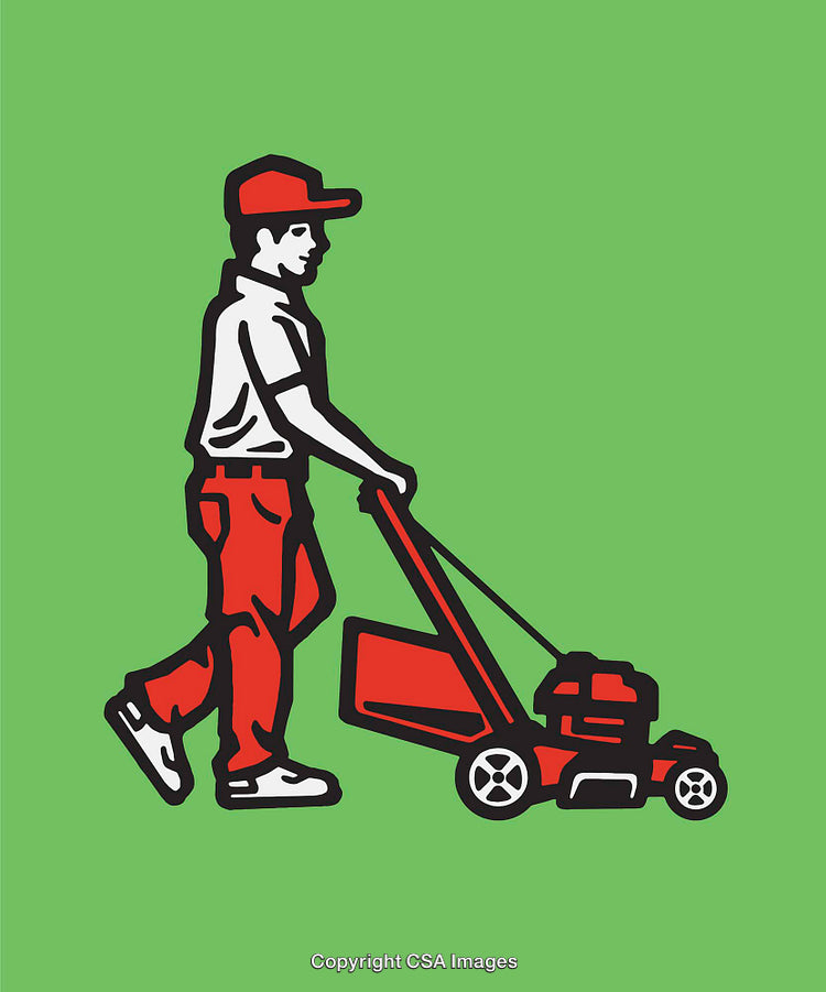 Colorful Illustration of a Person Using a Lawn Mower on Green Background