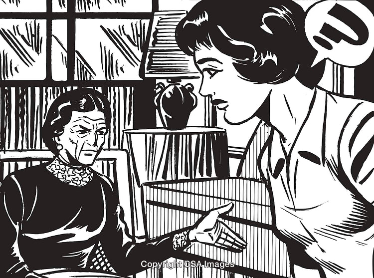 Illustration Depicting Two Women in Serious Conversation Inside a Room