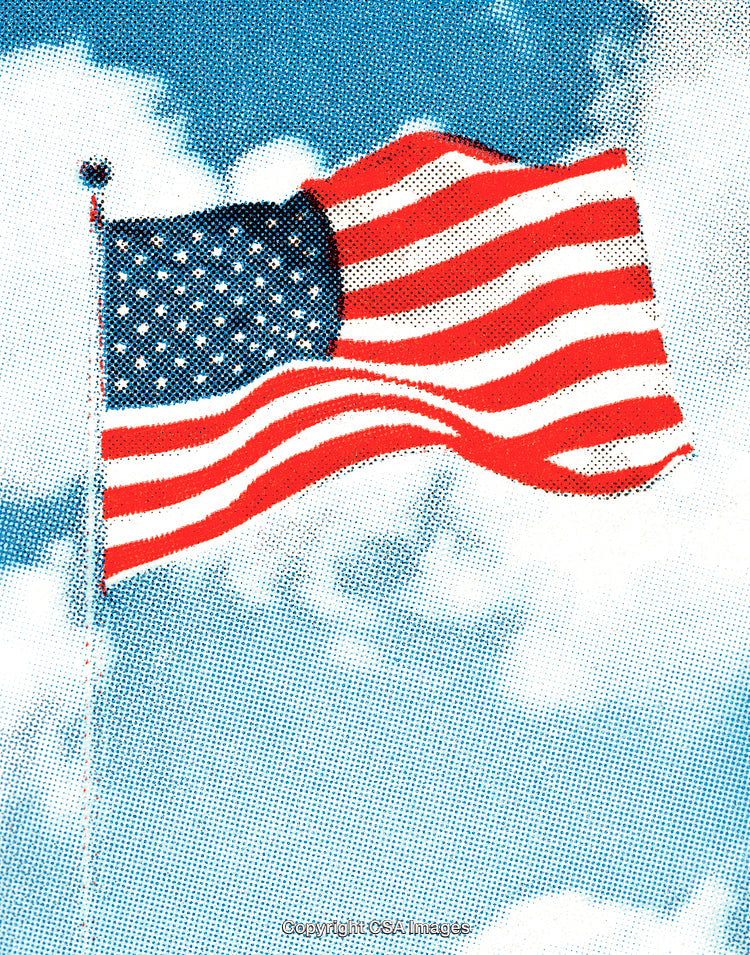 Illustrated American Flag Waving Against a Partly Cloudy Sky