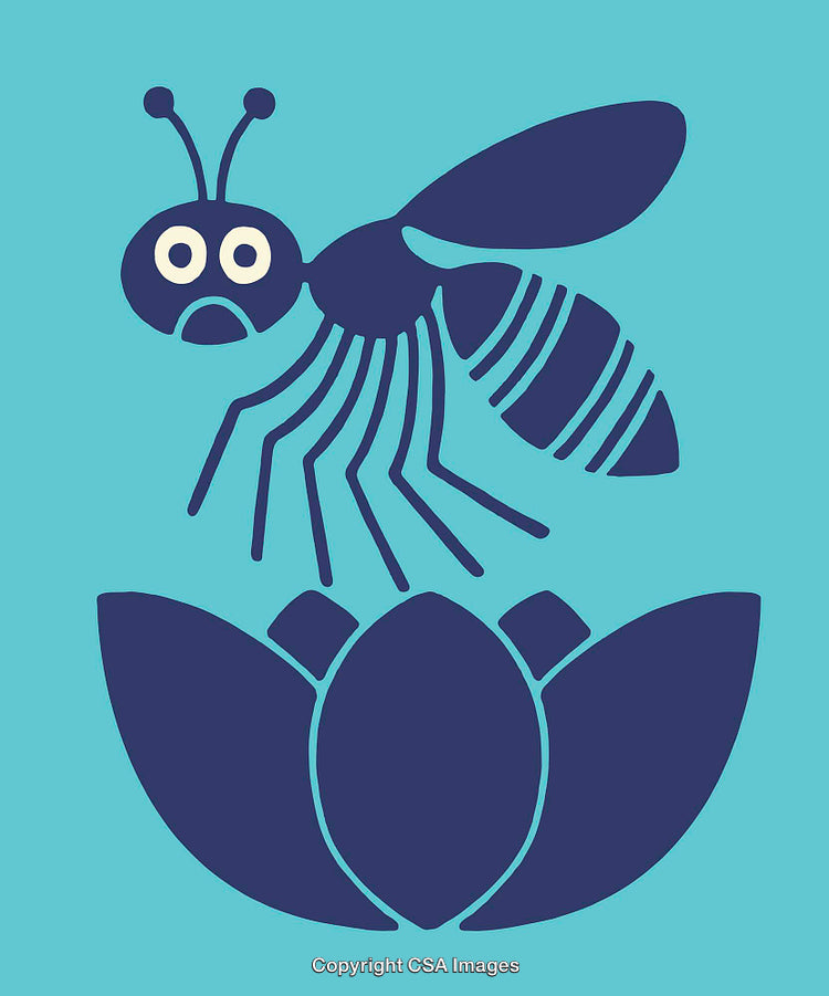 Illustrated Bee Above a Stylized Flower in Minimalistic Blue Design