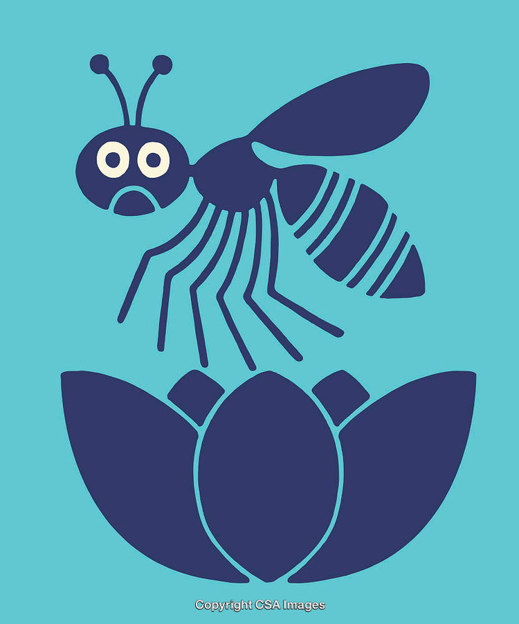 Illustrated Bee Above a Stylized Flower in Minimalistic Blue Design