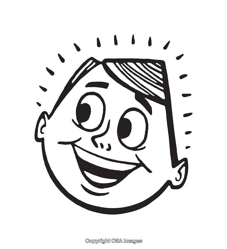 Retro Illustration of a Cheerful Boy's Face in Black and White Line Art