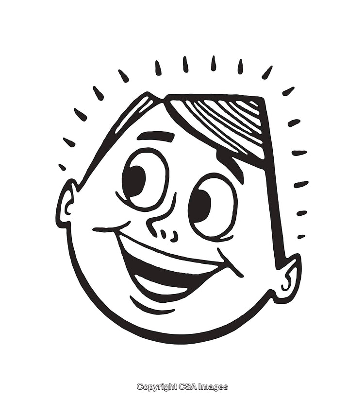 Retro Illustration of a Cheerful Boy's Face in Black and White Line Art