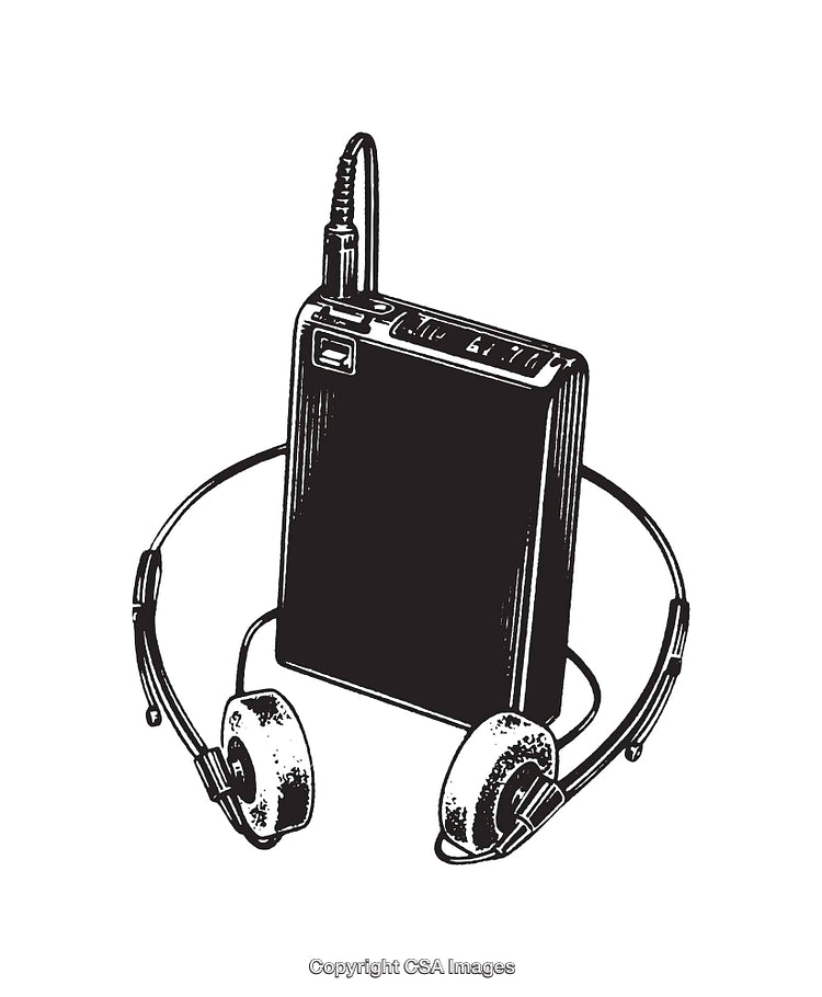 Vintage Line Art of Headphones and Music Player