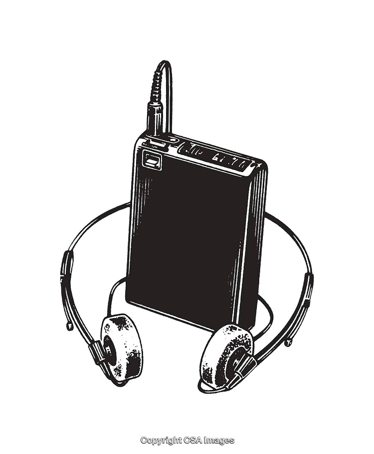 Vintage Line Art of Headphones and Music Player