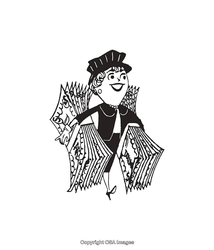 Retro Line Art Illustration of a Woman with Money Spread