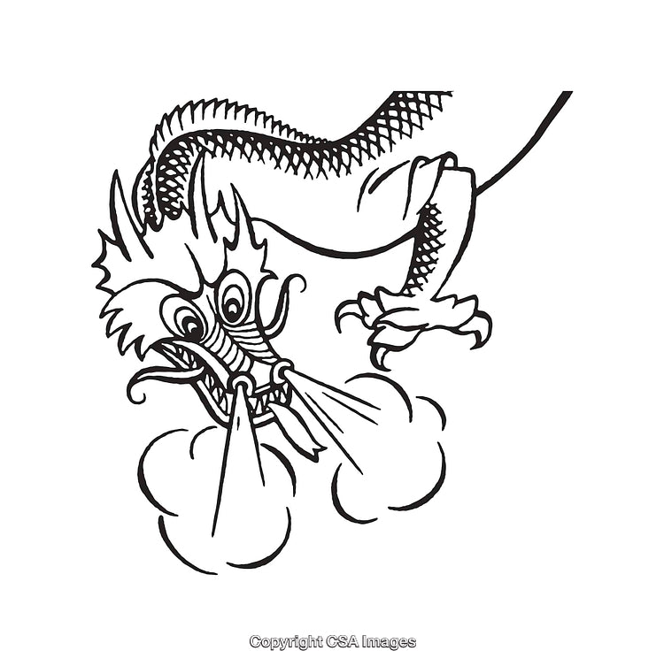 Black and White Line Art Illustration of a Fire-Breathing Dragon