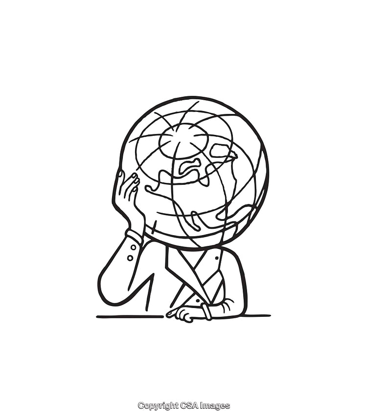 Creative Black and White Illustration of a Globe-Headed Figure in Thought