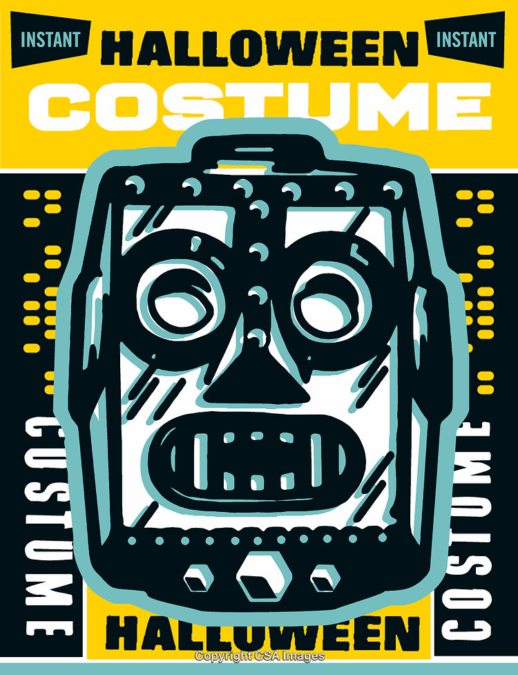 Colorful Retro Halloween Poster Featuring Robot-Themed Costume Artwork