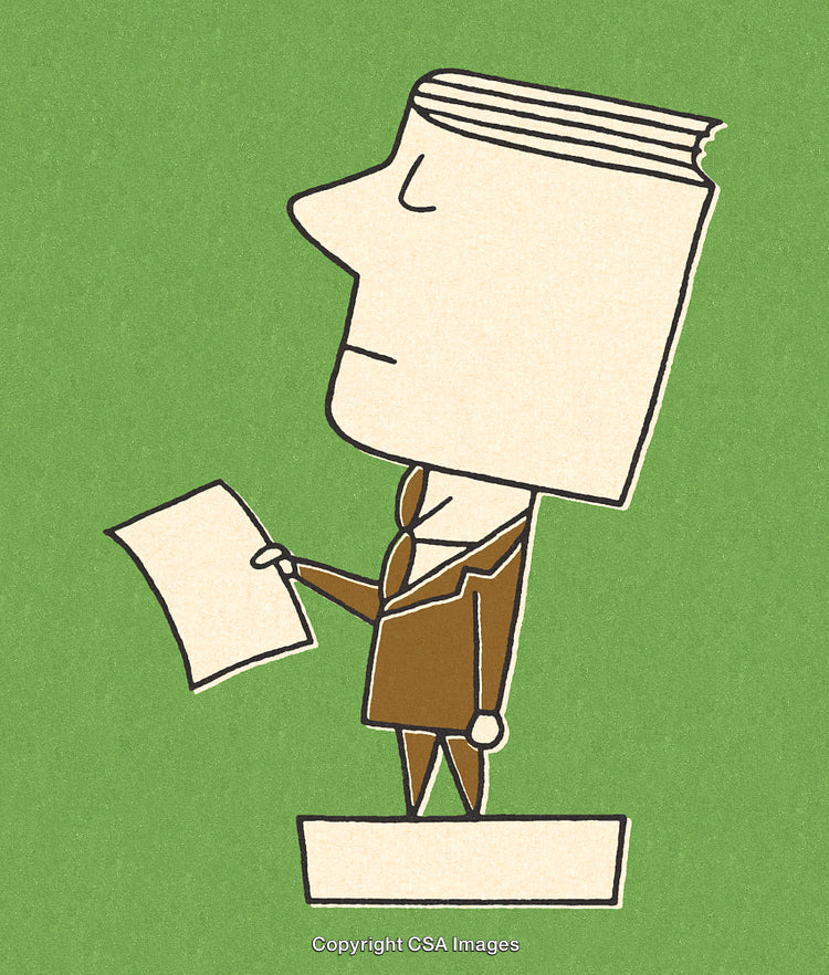 Cartoon Character with Book-Shaped Head Holding a Document on Green