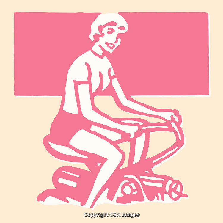 Retro Line Art Illustration of a Woman Exercising on a Stationary Bike