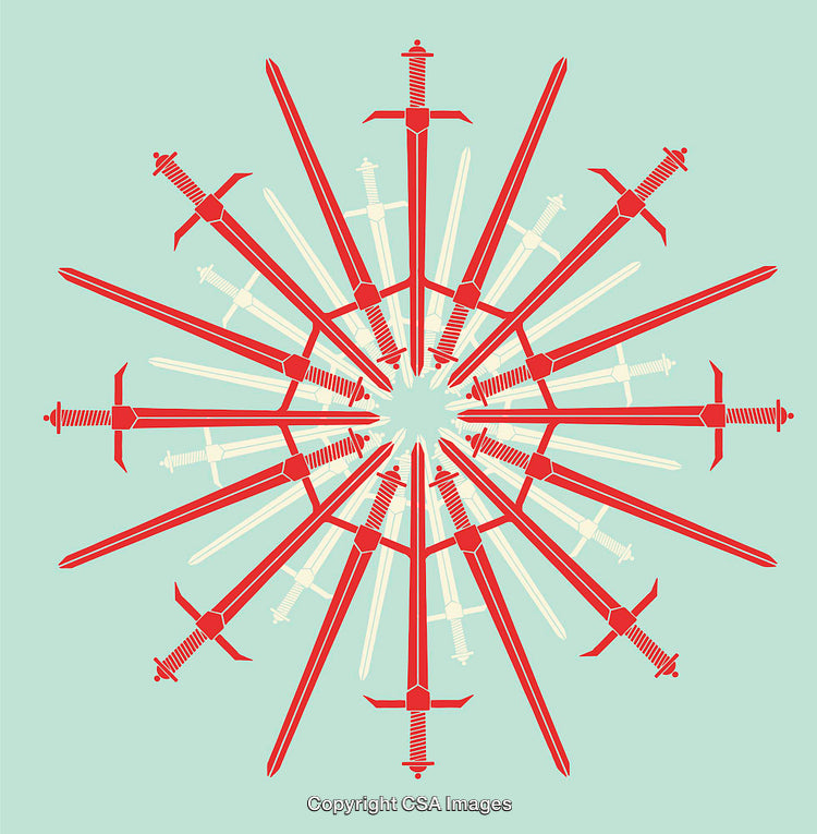 Abstract Symmetrical Pattern of Red Swords on Light Blue Background