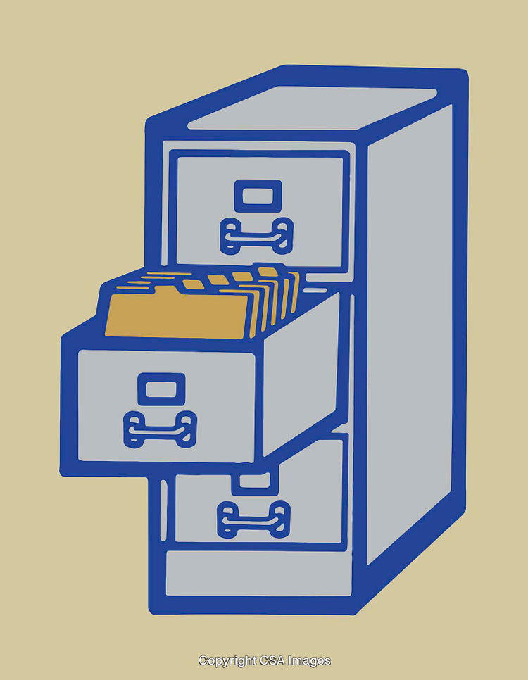 Illustration of Filing Cabinet with Open Drawer and Documents