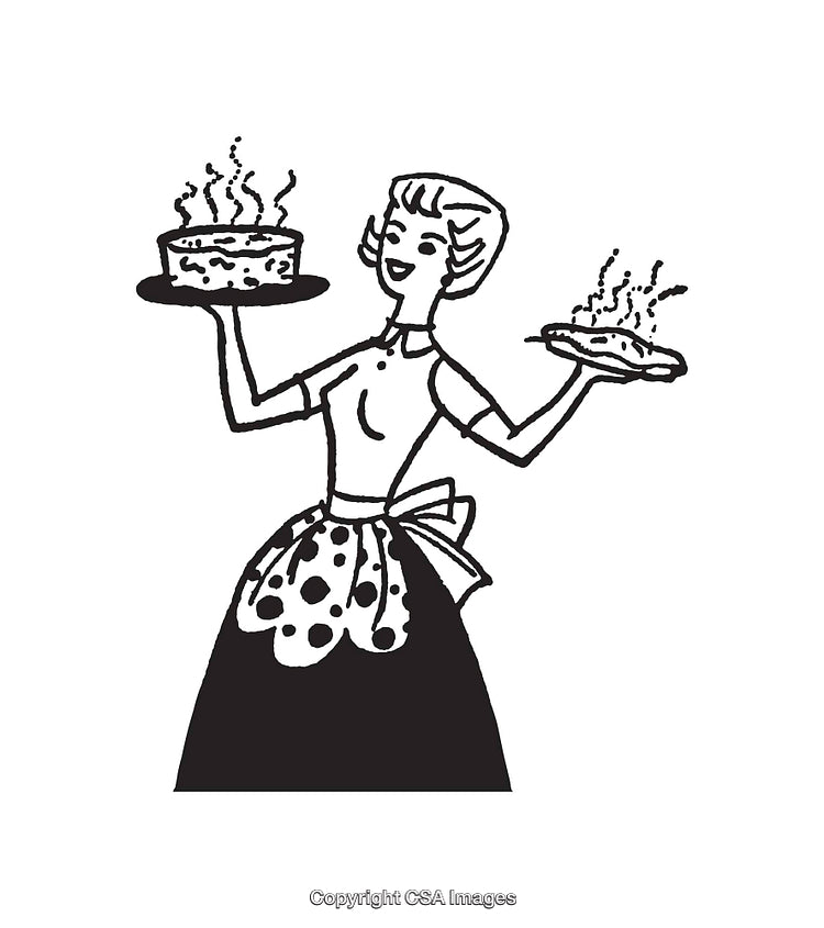 Retro Black and White Illustration of a Woman Holding Pie and Cake
