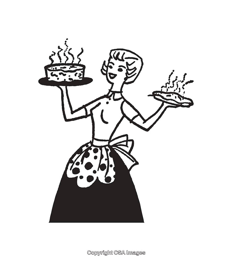 Retro Black and White Illustration of a Woman Holding Pie and Cake