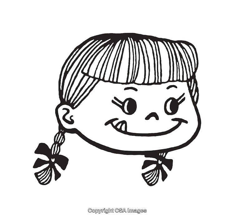 Black and White Line Art of Smiling Girl with Braided Hair