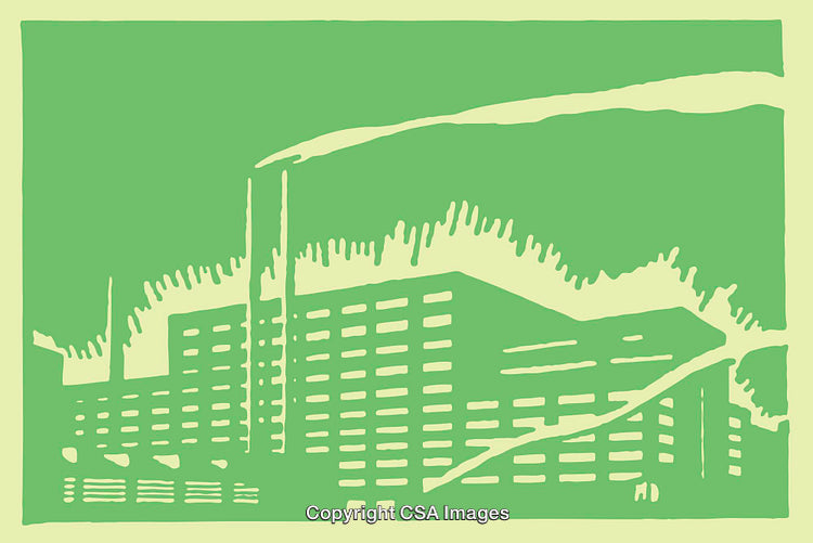 Green Colored Line Art Illustration of an Urban Industrial Building