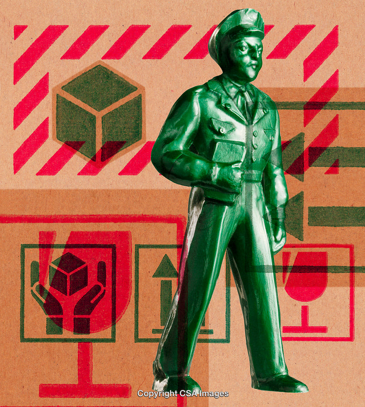 Green Toy Soldier with Cardboard Packaging and Colorful Symbols