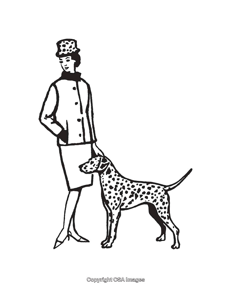 Elegant Woman with Dalmatian in Black and White Line Art