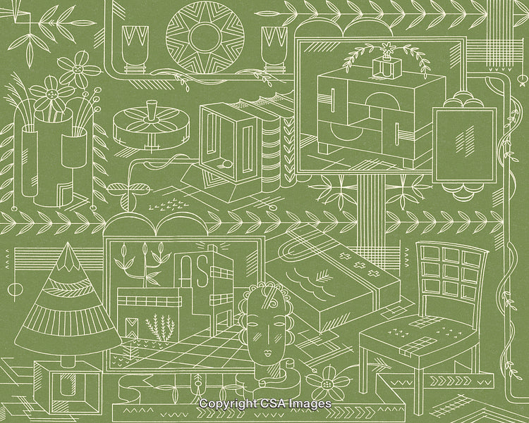 Minimalist Line Art Depicting Furniture and Nature in Geometric Patterns