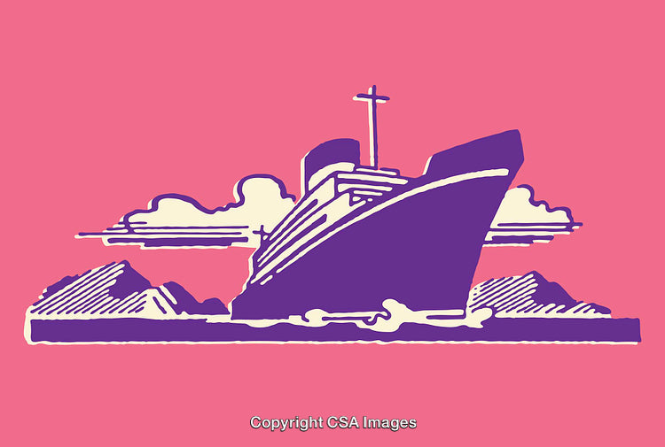 Stylish Pop Art Illustration of Ocean Vessel on Pink Background with Mountains