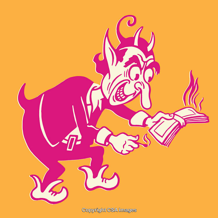 Colorful Devil Illustration with Burning Book on Bright Background