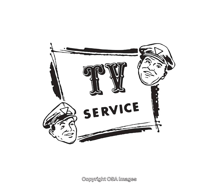 Vintage Black and White TV Service Illustration With Friendly Faces