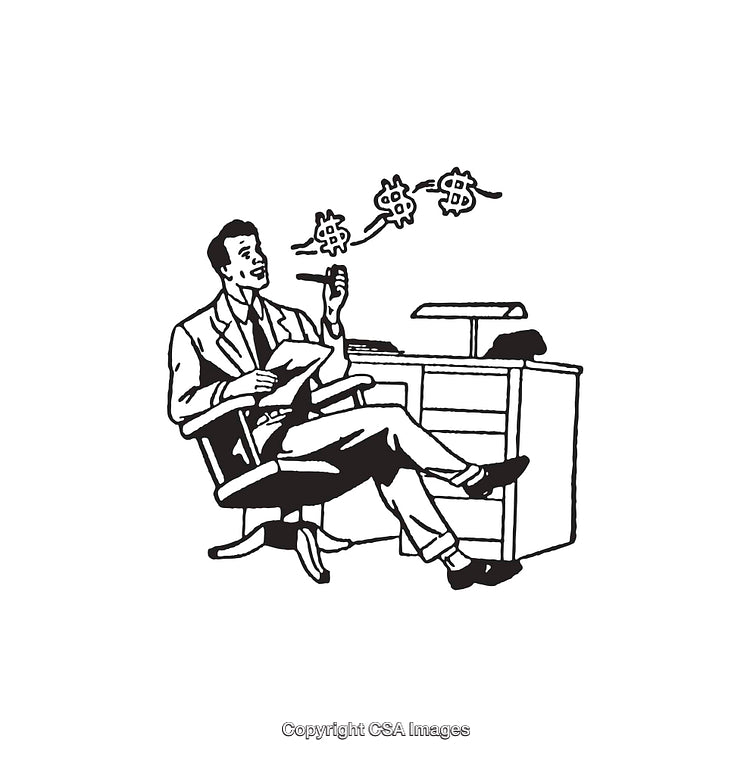 Black and White Illustration of Businessman Relaxing in Office With Dollar Signs