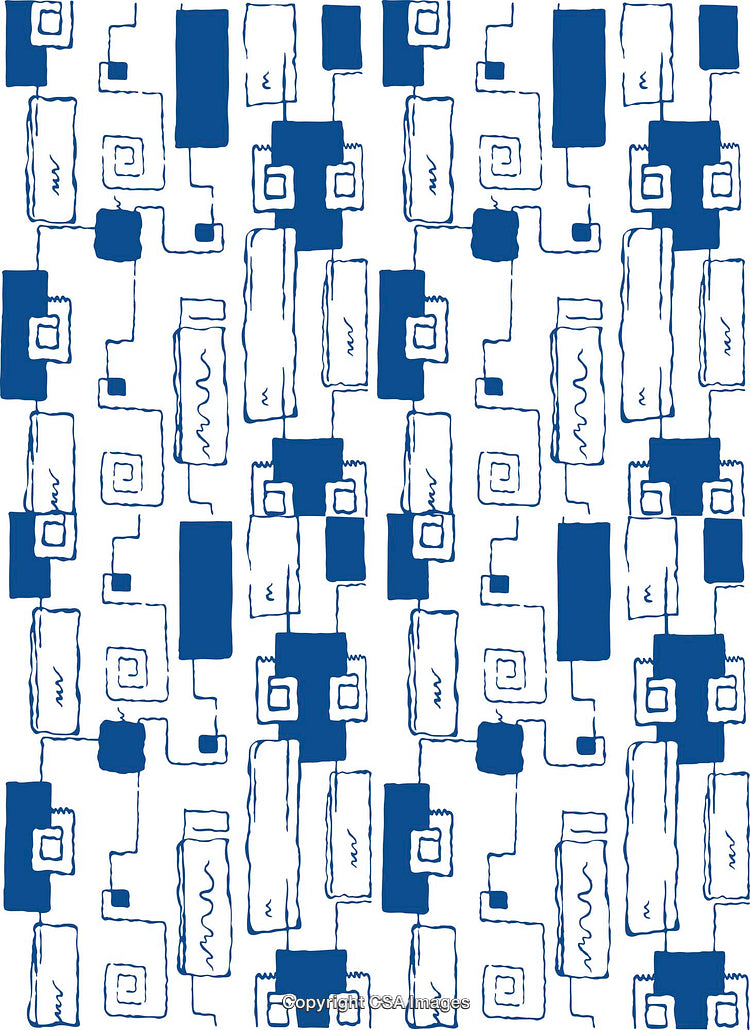 Abstract Blue Rectangular and Spiral Pattern on a White Background