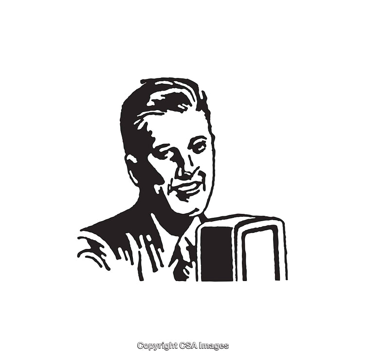 Retro Line Art Illustration of a Smiling Broadcaster Behind a Microphone