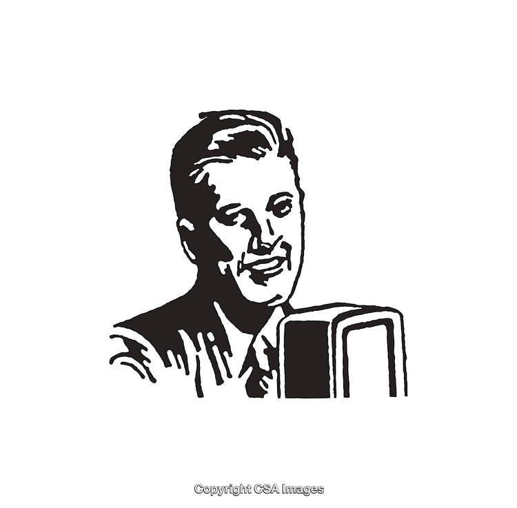 Retro Line Art Illustration of a Smiling Broadcaster Behind a Microphone