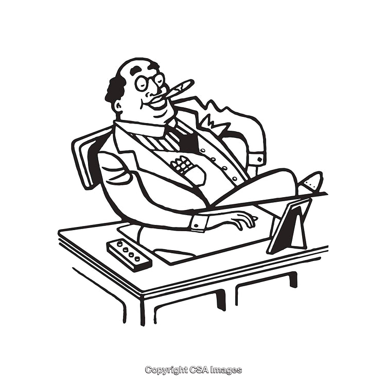 Humorous Cartoon Boss Relaxing at Desk with a Cigar