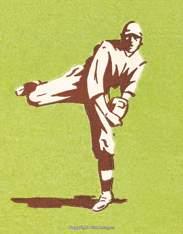 Vintage Illustration of Baseball Pitcher in Action on Green Background