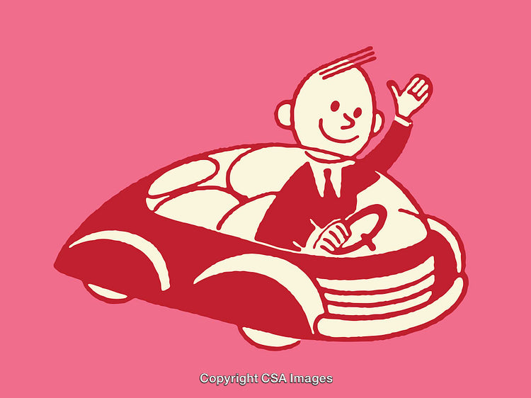 Vintage-Style Illustration of a Man Driving a Car and Waving Cheerfully