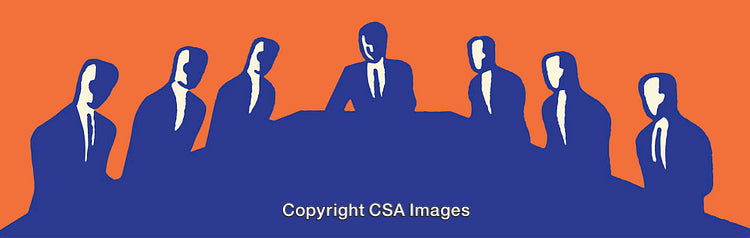 Illustration Depicting a Business Meeting with Silhouettes on an Orange Background