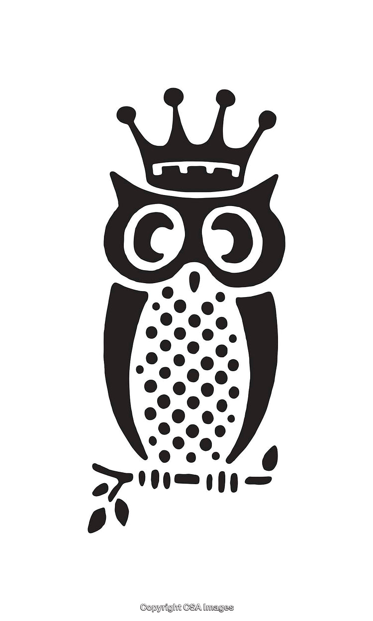 Black And White Line Art of Owl With Crown on Branch