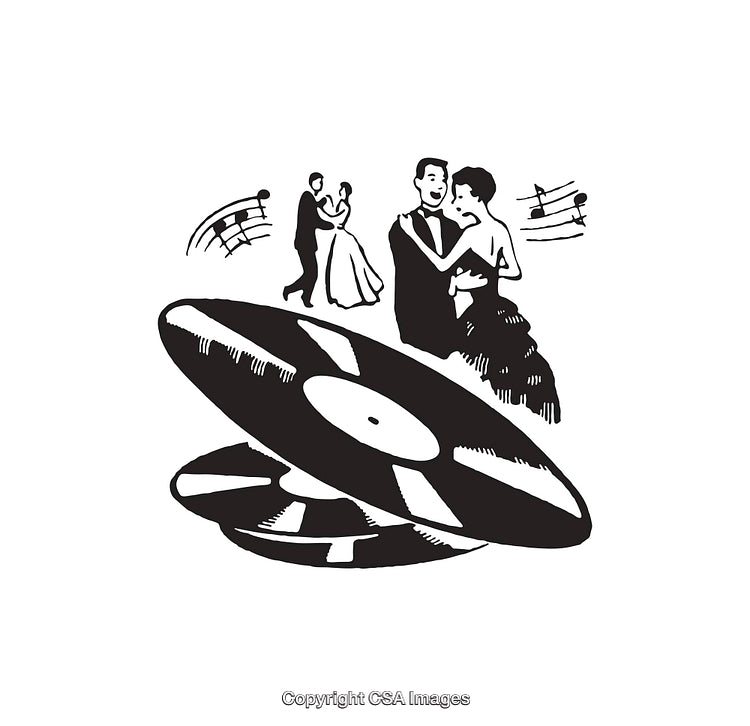 Black and White Illustration of Dancing Couples with Vinyl Records