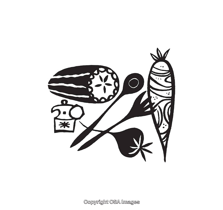 Black and White Line Art of Kitchen Utensils and Vegetables