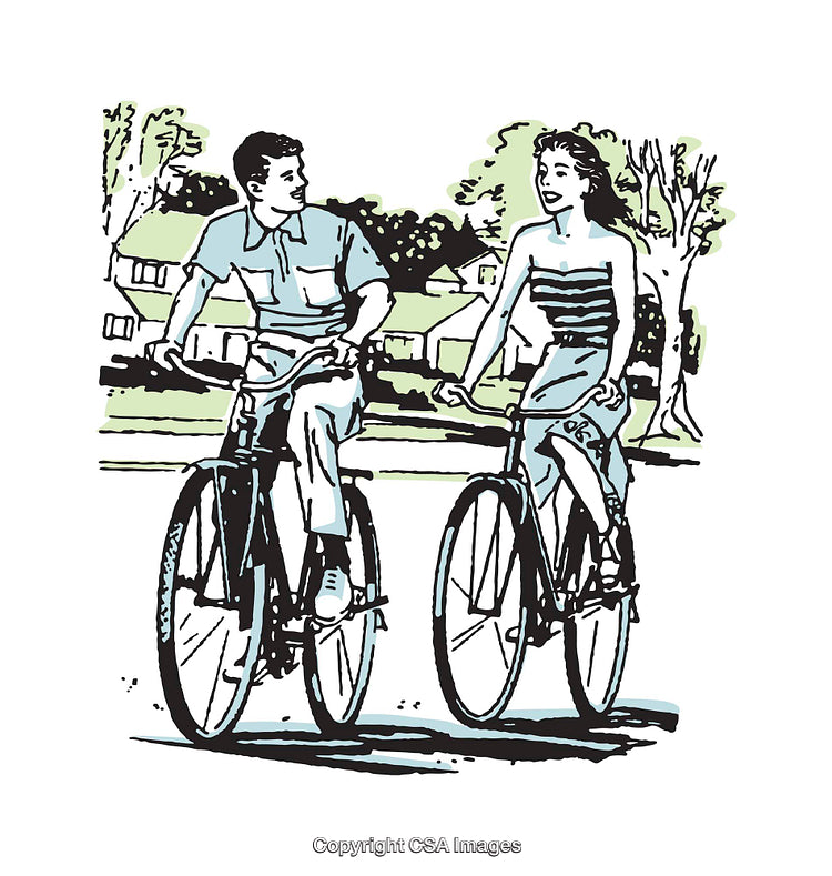 Retro Style Illustration of a Couple Enjoying a Bicycle Ride Outdoors