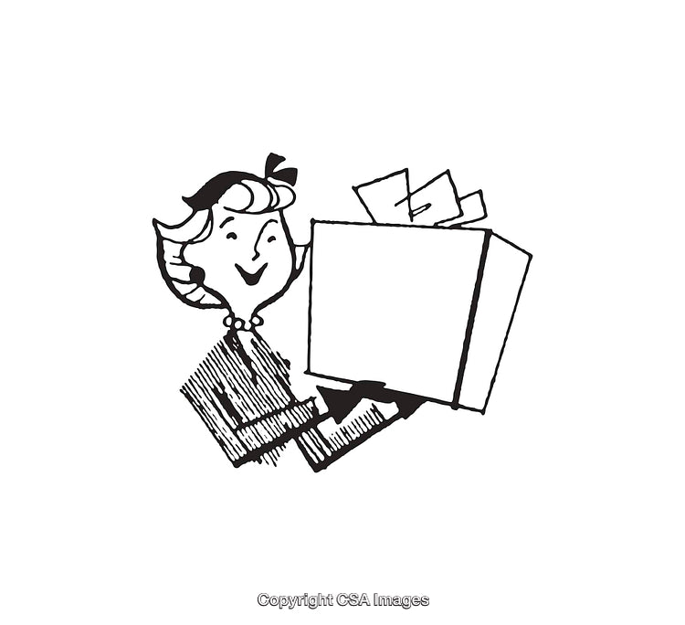 Retro Style Black and White Illustration of Woman Holding a Box