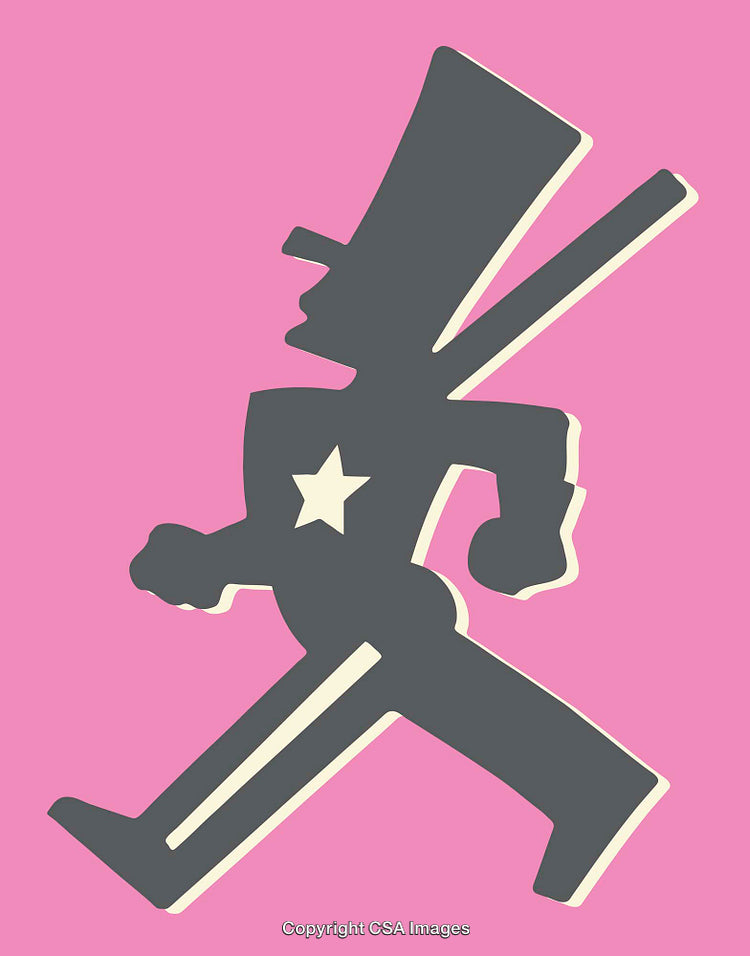 Stylized Silhouette of Marching Figure with Star Emblem on Pink Background