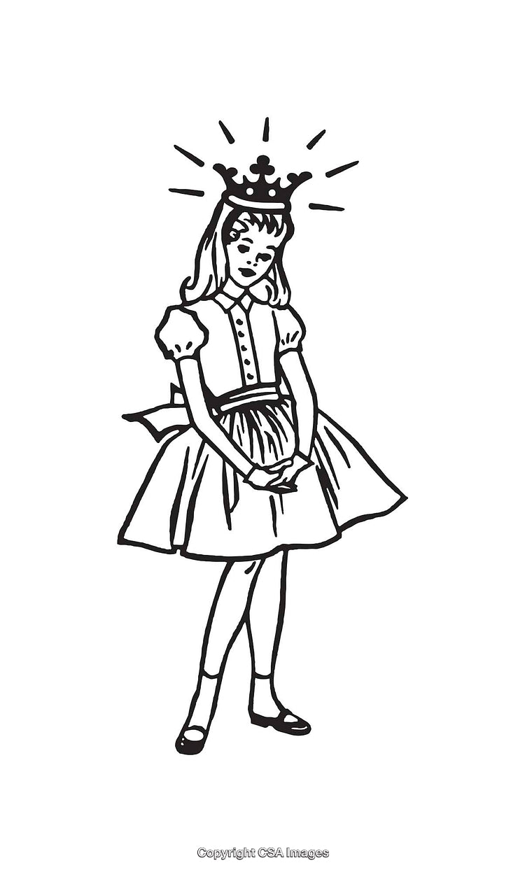Illustration of a Girl Wearing a Crown and a Dress in Line Art