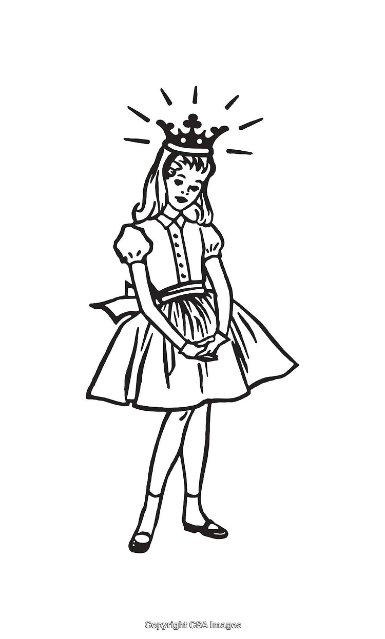 Illustration of a Girl Wearing a Crown and a Dress in Line Art