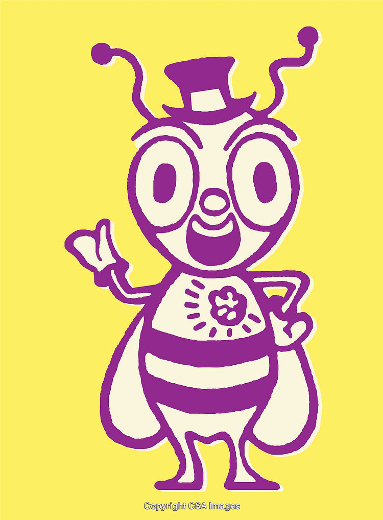 Colorful Illustration of a Cheerful Cartoon Bee with a Purple Hat
