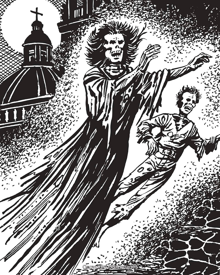 Dramatic Illustration of Supernatural Figures in Gothic and Eerie Atmosphere