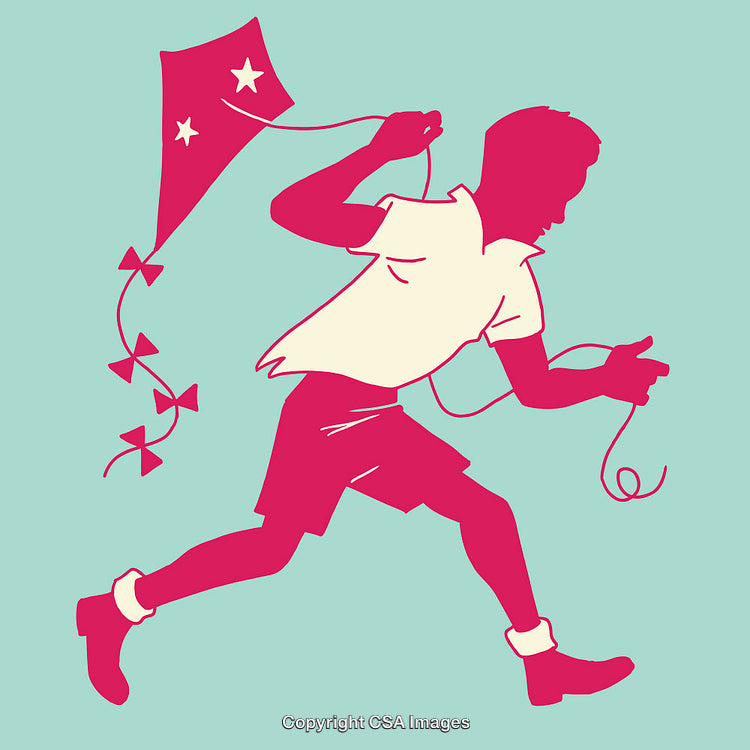 Silhouette of Child Flying a Kite in Playful Colorful Style