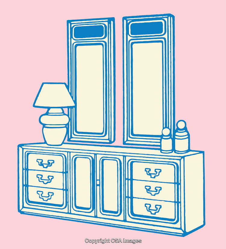 Color Line Art Illustration of Decorative Console and Mirrors with Pink Background