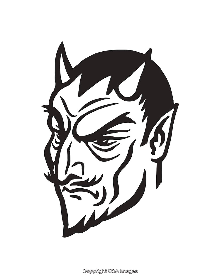 Devilish Black and White Line Art Illustration of a Sinister Face with Horns
